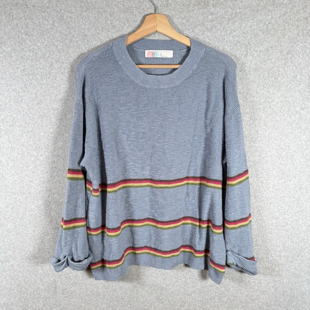 Free people beach sweater womens XS blue cotton pullover oversized knit striped